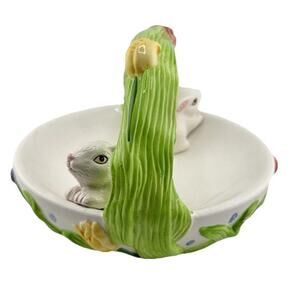 Easter Bunny Basket Candy Dish Ceramic Bunnies With Flowers by Aspen Promotion